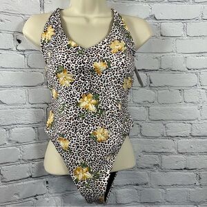 Hurley Jungle Cat Moderate Cheeky One Piece Swimsuit Cream, Brown Gold M NWT